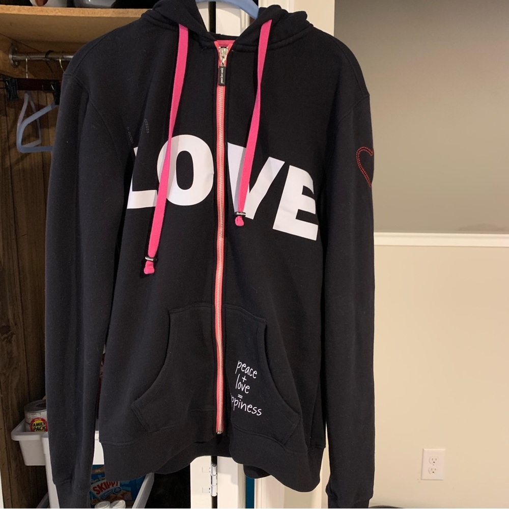 Peace Love World Black and Pink Love ZipUp Hoodie Size Small
